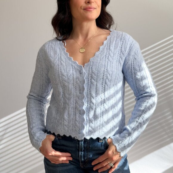 Women’s Light Blue Scalloped Cable Knit Cardigan - Picture 1 of 11